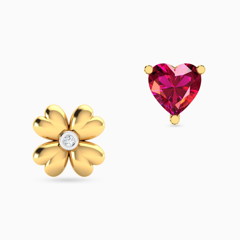 Miss L' by L'azurde Flower Heart Diamonds & Red Stone Stud Earrings in 18K Gold - Image 1